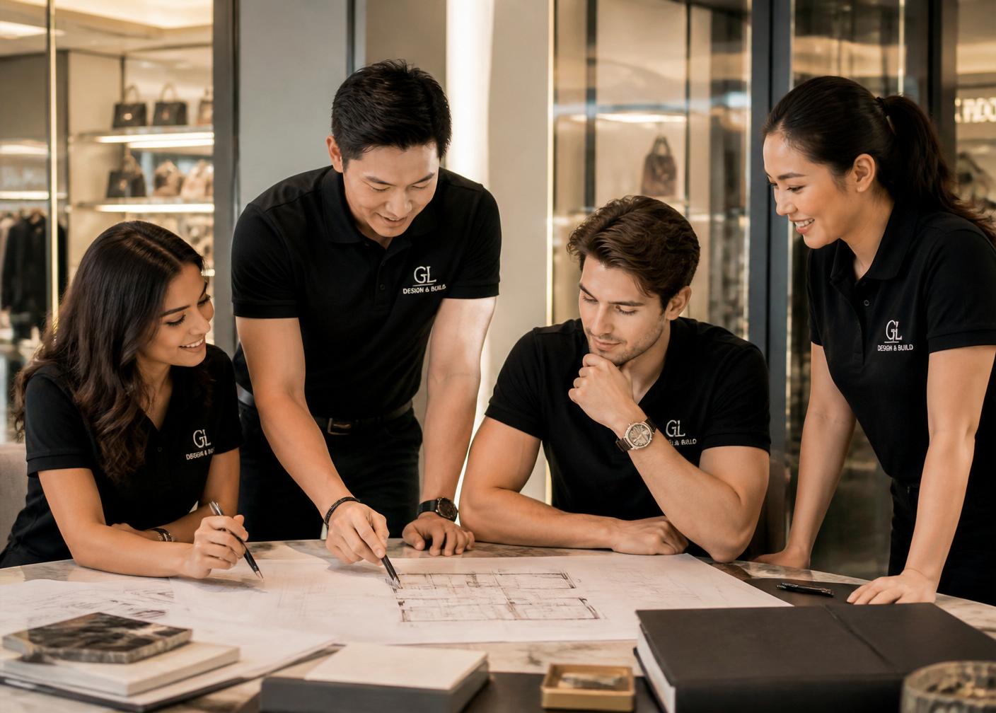 GL Design & Build team reviewing retail floor plans